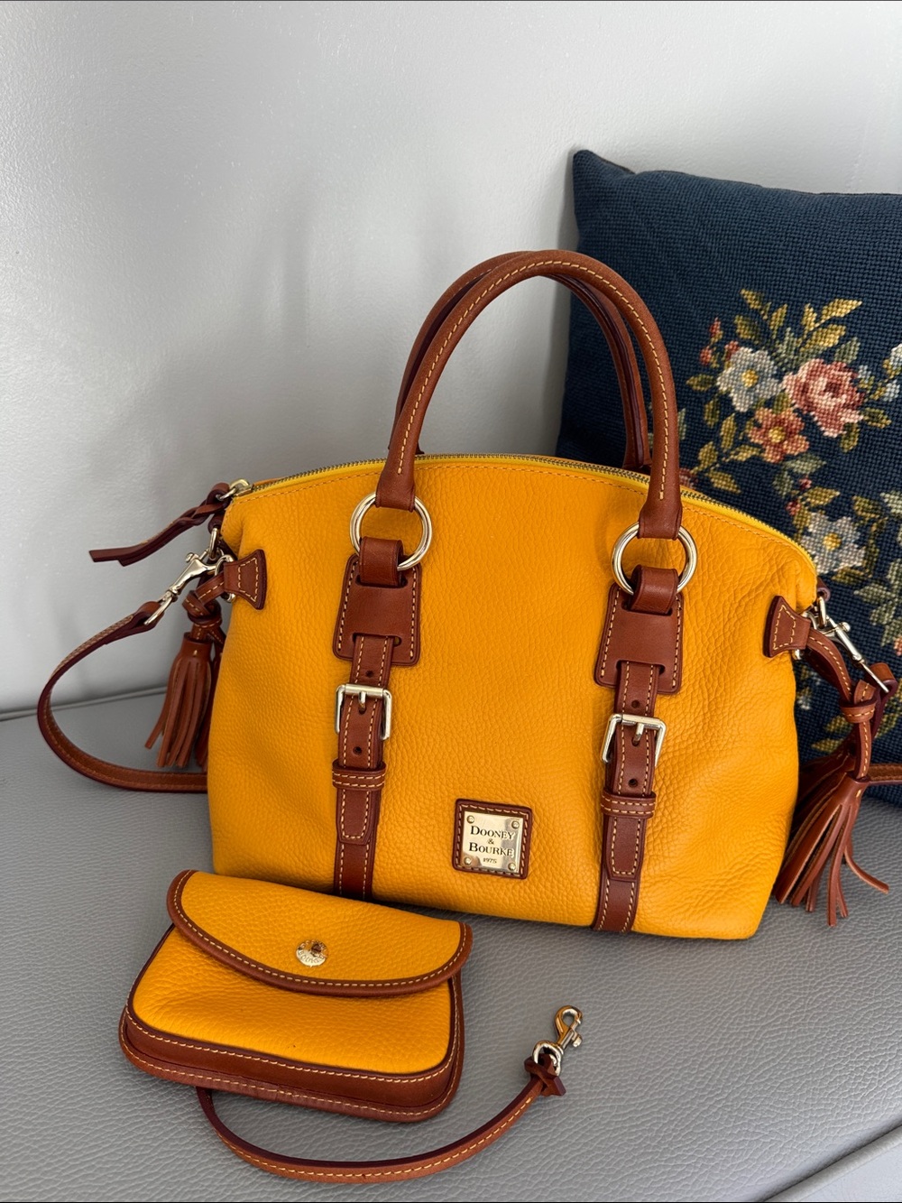 DOONEY & BOURKE CANARY YELLOW & BROWN TRIM PEBBLED LEATHER SATCHEL & COIN POUCH